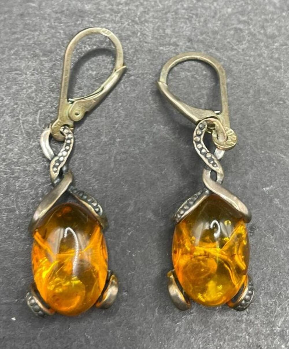 925 Sterling Silver Amber Drop Earrings Leverback Genuine Gemstone Dangle